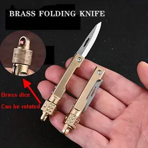 Brass Dice Gyroscope Folding Knife Keychain, Portable Mini Sharp Blade, Stress Relief Toy, Unisex Design, Durable & Lightweight, Brass Material