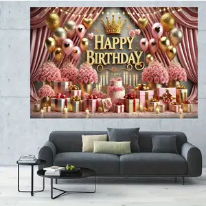 Elegant Pink & Gold Happy Birthday Backdrop with Floral Arrangements & Heart Balloons - Great for Birthday Gatherings, Home Decoration and as a Birthday Gift