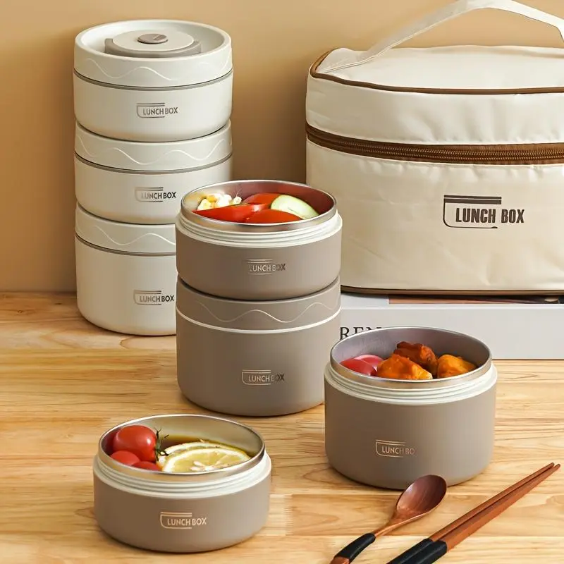 Large Capacity Stainless Steel Lunch Box Set, 4 Counts Round Bento Box with Storage Bag, Portable Food Container for Home Office School, Camping Kitchenware, Picnic Essentials
