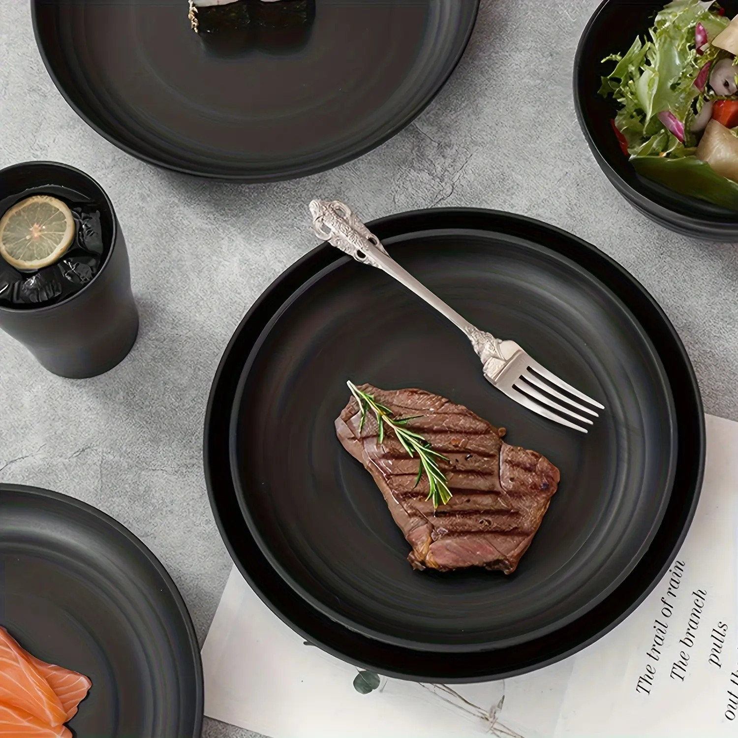 Black 64-Piece Wheat Straw Tableware Set - Loose Dinner Plates, Cutlery, Unbreakable, Lightweight, Dishwasher Safe, Microwave Safe, Ideal Festive Party Gift for Adults, Tableware Sets