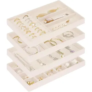 Stackable  Trays Organizer for Drawer, 4 Set of  Organizers and Display Case Storage,  Drawer Inserts Organizer for Necklace Bracelets Earrings Organizer-4 Set ,  For Her,Beige