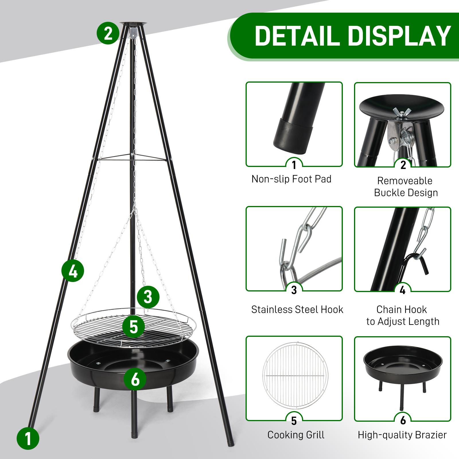 Campfire Tripod Grill, Adjustable Height BBQ Grill Grate with Fire Bowl for Outdoor Camping BBQ, Black