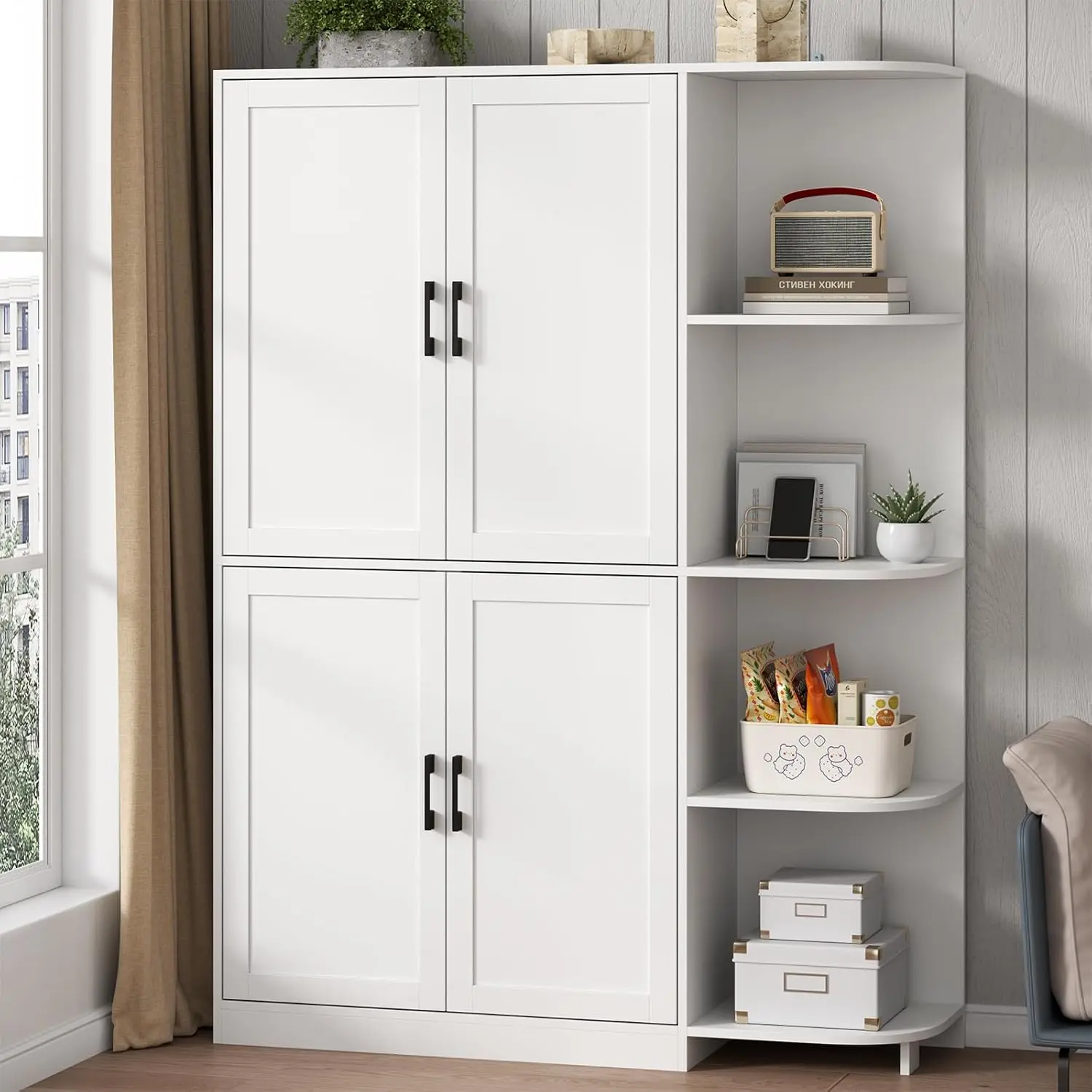 Gyfimoie Kitchen Pantry Storage Cabinet with Doors & Adjustable Shelves, 64" Tall Kitchen Cabinet with 5-Tier External Shelf, Freestanding Cupboard high quality storage cabinet affordable  pantry wood  cabinets particle  board microwave  drawer
