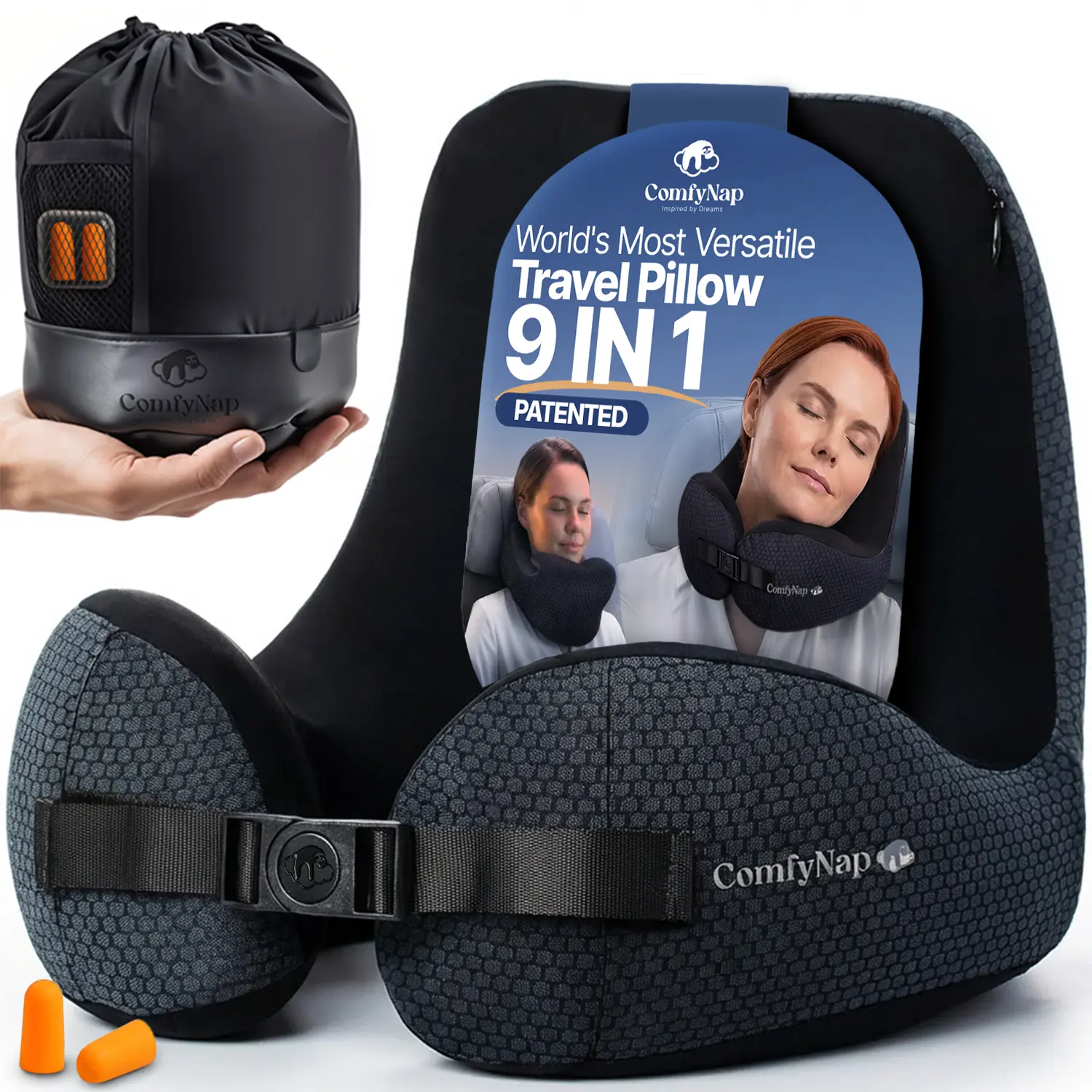 ComfyNap Versatile Travel Neck Pillow for Airplane [Patented], 9 Positions in 3 Techniques, Plane Pillow with Pure Memory Foam, Travel Pillow with HeadRest Flight Sleep, Travel Essential