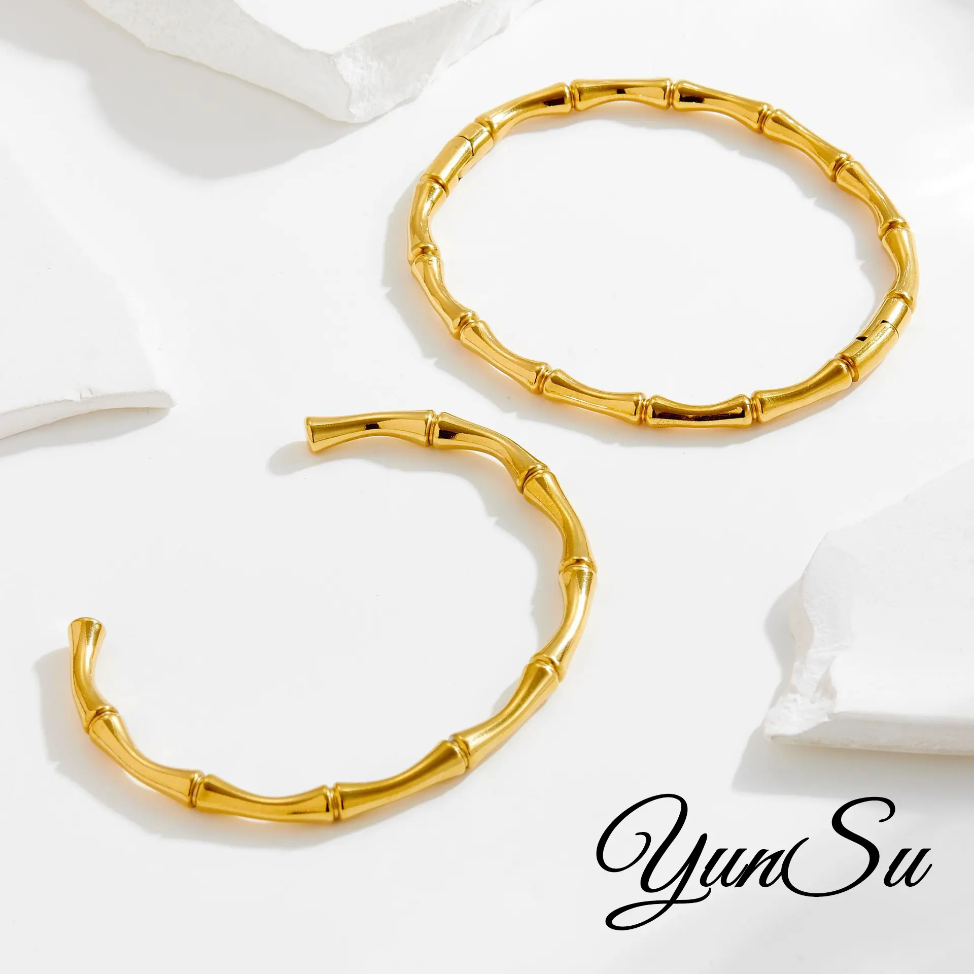 Women's YunSu 18K Gold-Plated Bamboo Bangle - Elegant Jewelry Bracelet, Stainless Steel Core, Luxury Look, Waterproof, Body-Safe, Fixed Size Costume Fashion Accessory, Ideal for Anniversary Mother’s Day Birthday Gifts