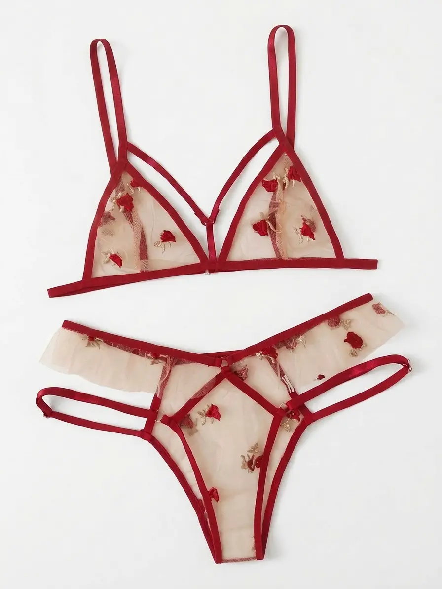 Women's 2-Piece Floral Print Lingerie Set, Elegant Strappy Spandex Fabric Cami and Panty Underwear Clothing, Underwear Sets, Red(S096), Women's Clothes