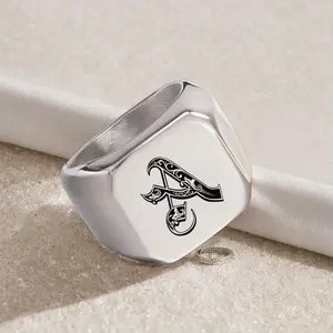 Men's Basic Square Stainless Steel Initial Rings - 26 A-Z Letters, High-Quality Non-Tarnish Fashion Jewelry, Ideal for Graduation