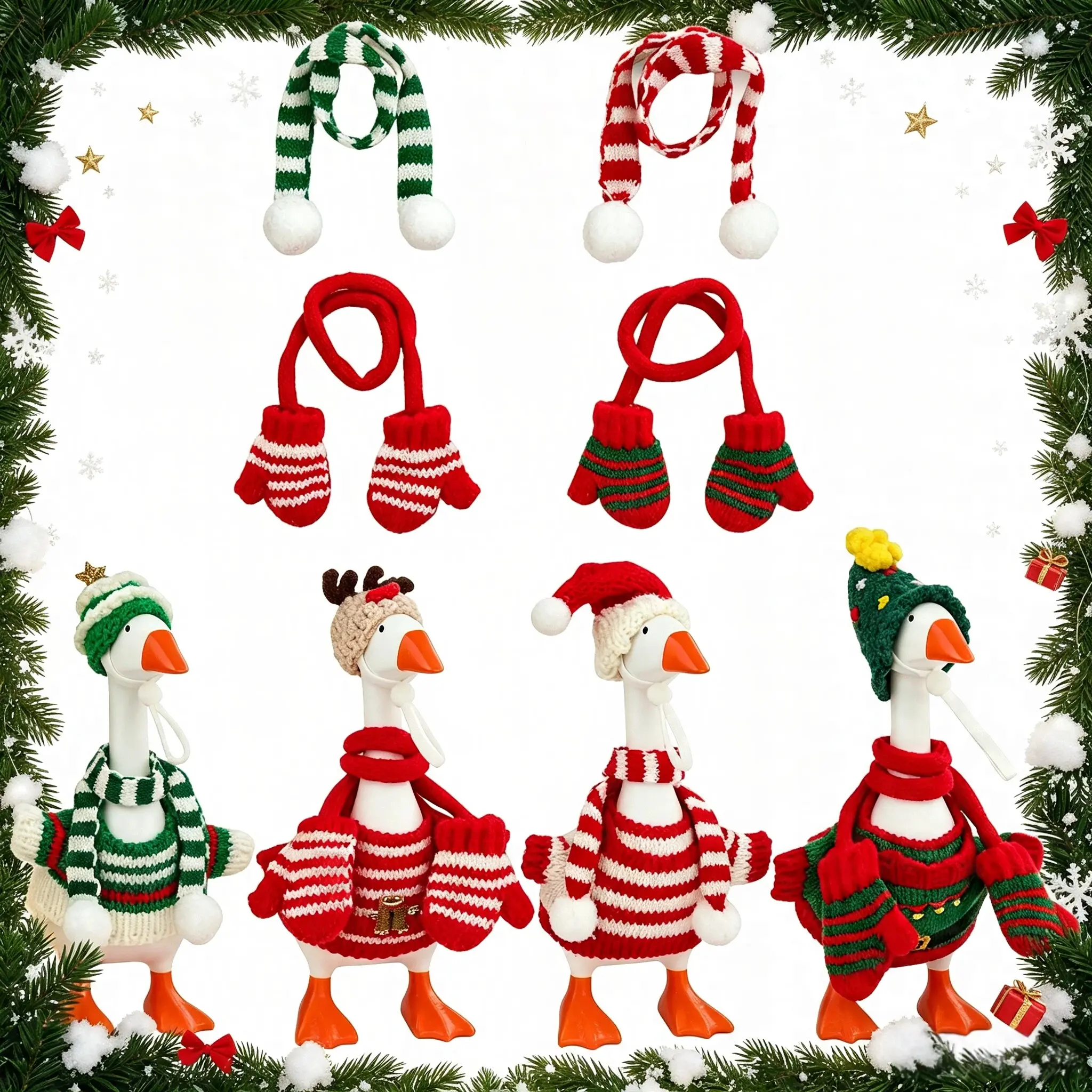 Women's Festive Knit Christmas Goose Outfit Set (4 Pcs) - Stretchy Polyester Sweater, Hat & Scarf for 7-in Desk Figurine, Magnetic Photo Props, Festive Look Holiday Winter Decor