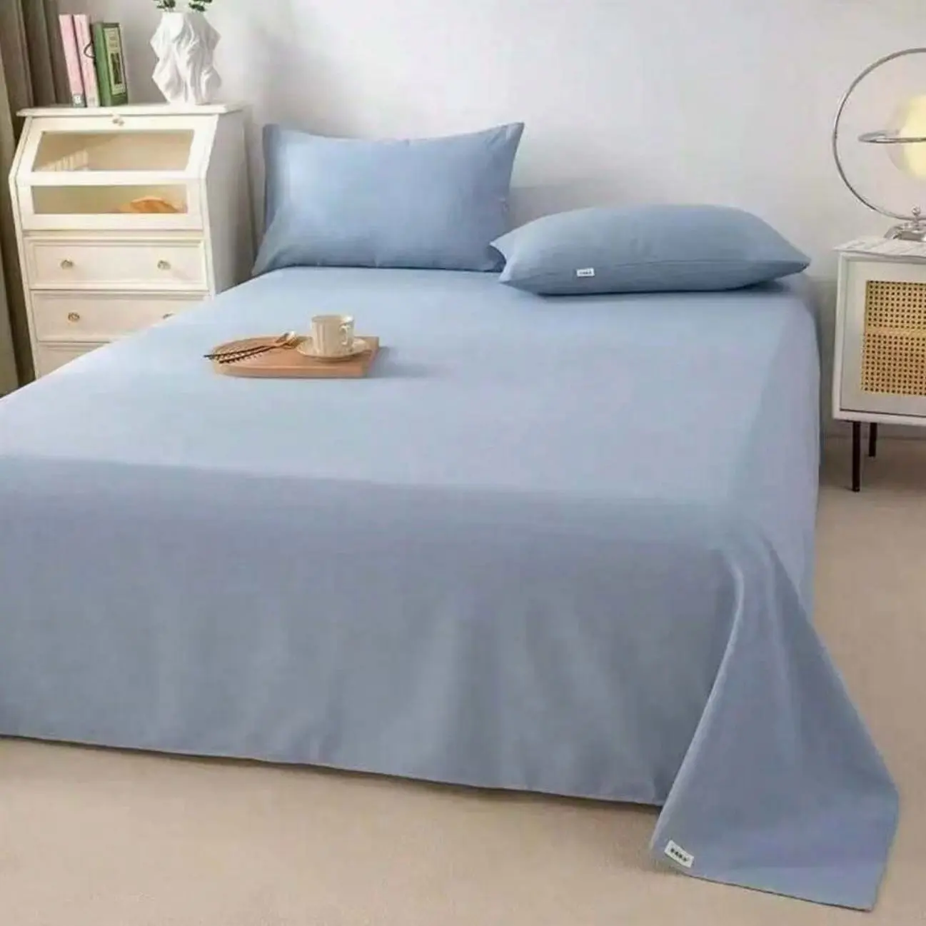 Cotton Linen Bed Sheet Set, 3PCS Solid Color Bedding with 1 Flat Sheet & 2 Pillowcases, Breathable Wrinkle Resistant, Soft Bedroom