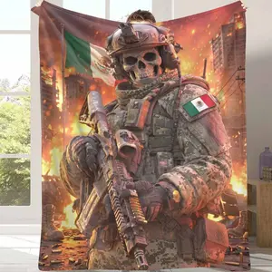 Military Soldier Flannel Blanket Tactical Warrior with Mexico Flag Print Design Soft Warm Durable Cozy Throw for Bedroom Decoration Living Room Sofa Outdoor Camping Holiday Gift Veteran Tribute Home Comfort Use