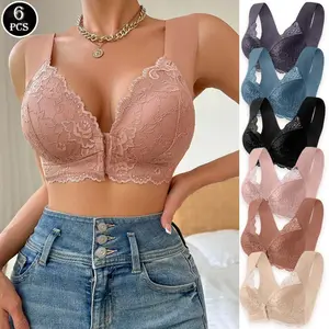 6pcs Women's Floral Contrast Lace Wireless Bralette, Push Up Full Coverage Vneck Bra with Buckle/Hook & Eye Closure, Soft Comfy Breathable All Seasons Daily Wear Lingerie