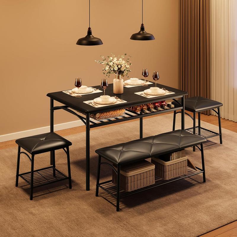 4-Person Dining Room Set - Wooden Dining Set for Small Spaces & Apartments, Kitchen Furniture with Upholstered Bench, 2 Stools, Storage, 200 lbs Capacity, 43.3” L*27.5” W*29.2” H