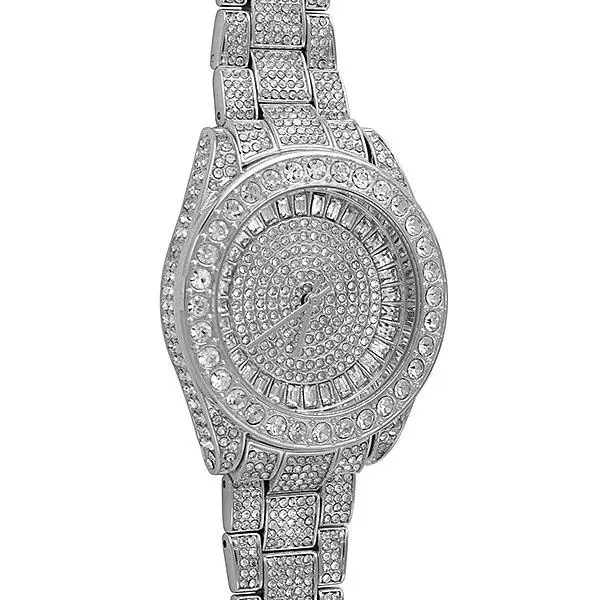 Women's Hip Hop Analog Quartz Watch, 41mm Rhodium-Plated Iced Out Style with Full Czech Crystal Stones, Rhinestone Wrist Watch, Quartz Analog Watch