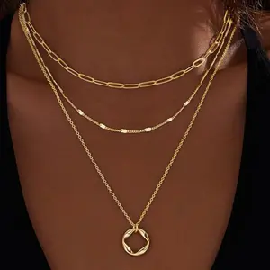 Layered necklace for women, 14K gold plated delicate stackable necklace, round paper clip chain, birthday gift for women