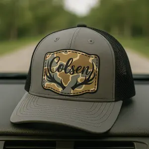 Personalized Camo Antler Snapback Hat | Matching Adjustable Hats – Style BO – Custom Name Patch Hat in Multiple Sizes