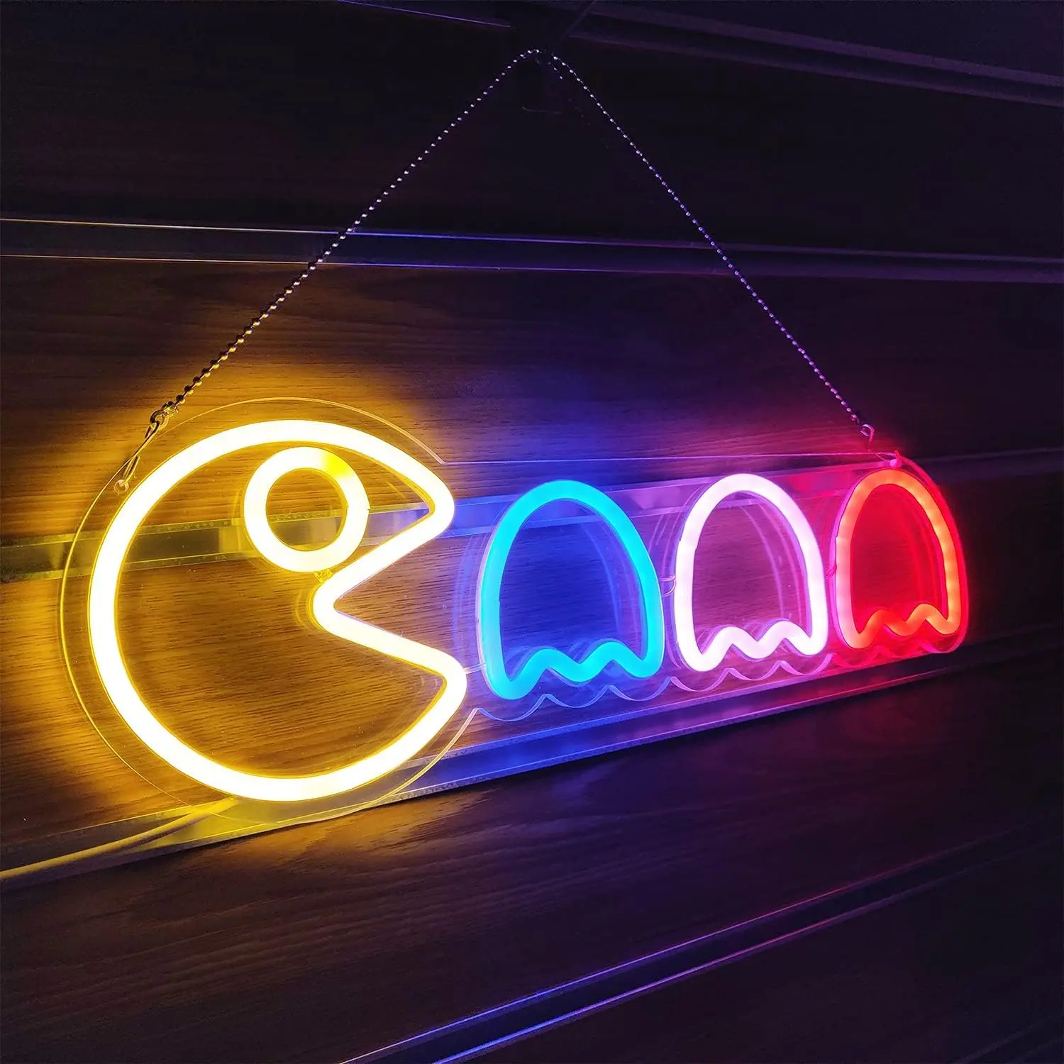 ROSNEK Pacman Ghost Colorful Acrylic LED Light Up Night Light - USB-Powered Retro Gaming Decor, 17x6 in (45cm) Wall Mount, Valentine’s Day Gift for Kids with Gift Box, for Friends