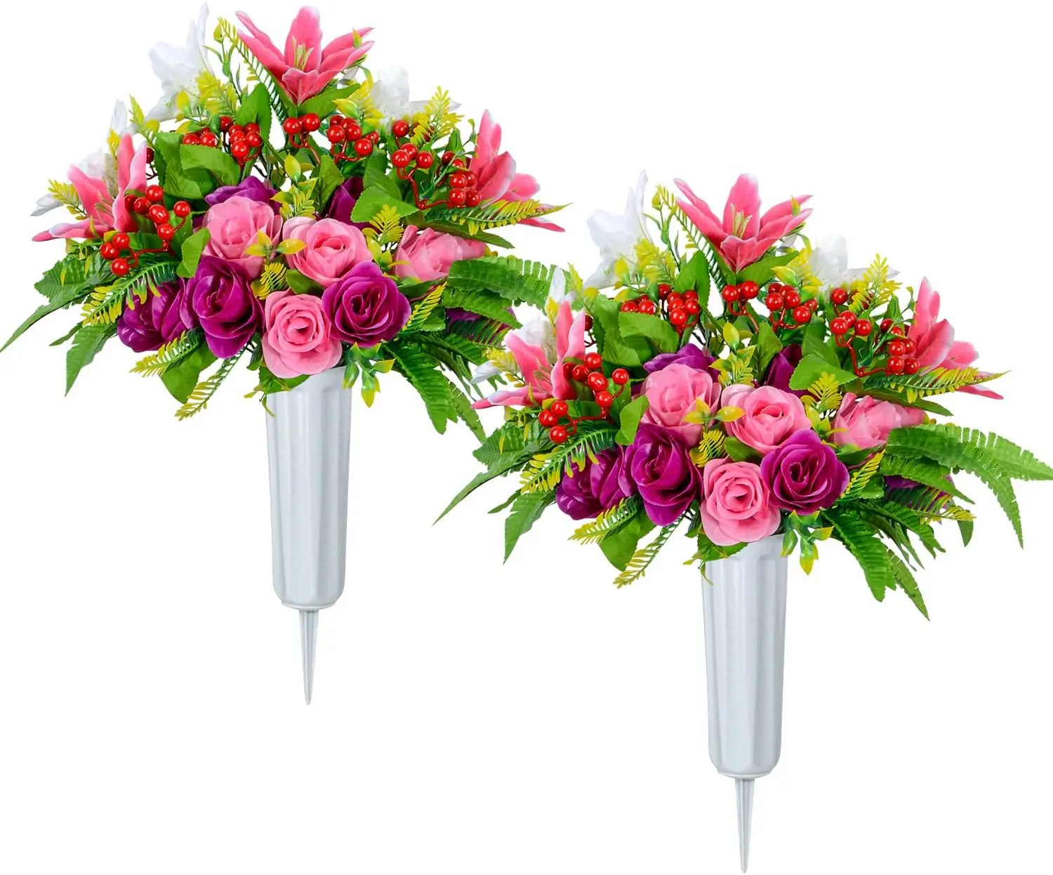 Artificial Cemetery Flowers with Vase, Set of 2 Artificial Rose Lily Bouquet Graveyard Memorial Flowers for Cemetery Headstones Decoration