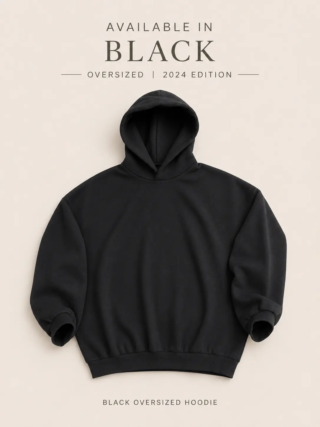 24 Men's Black Pullover Hoodie, Minimalist Oversized Streetwear Sweatshirt in Heavyweight Fleece, Relaxed Fit Casual Layer Top
