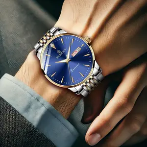 New Gold case Blue Dial Men's Fashion Steel Band Watch Dual Calendar Luminous Waterproof Quartz Watch