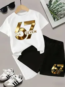 Sports Set, Unisex Short Sleeve Tee and Shorts Two-Piece Set, Number Print Casual Summer, Loose-Fitting Graphic Tee