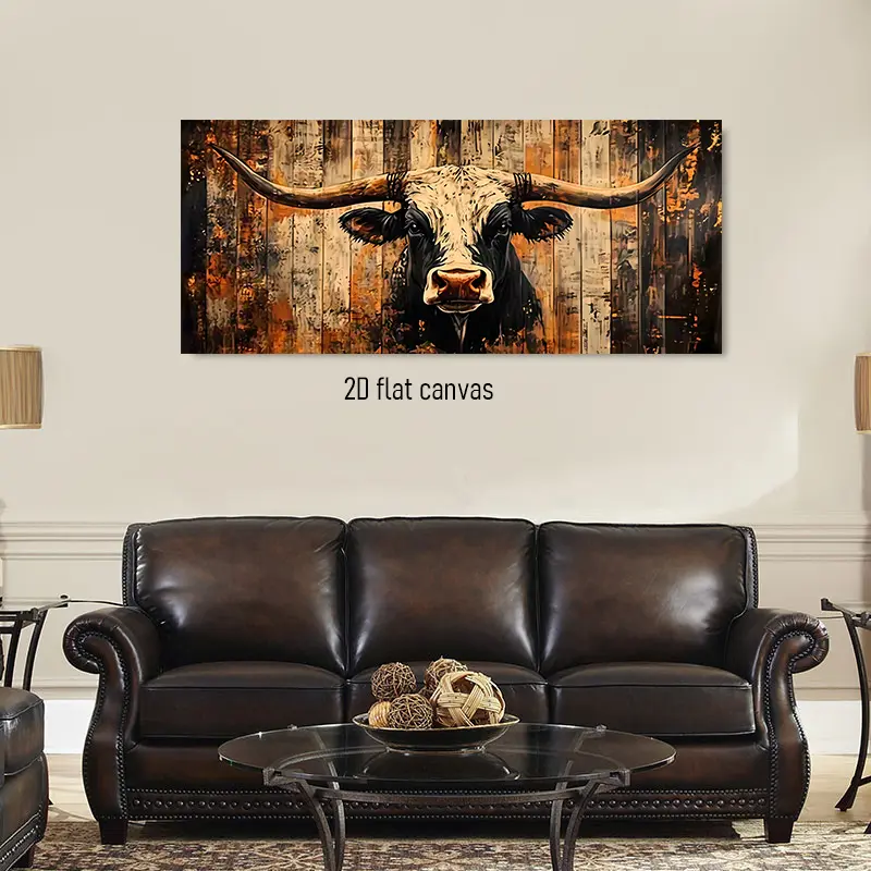 1pcs Vintage Wood Grain Longhorn Bull Decorative Painting Modern Minimalist Living Room Frameless Canvas Art Home Wall Decor Animal Theme Mural Home Decor Unframed Wall Art