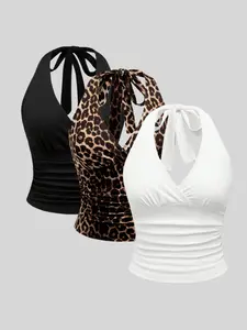 Women's Leopard Print Tie Vest Set, Tops, Spring Summer Casual Fitted Three-Piece, Plain Pattern, All Seasons Wear, Outfit