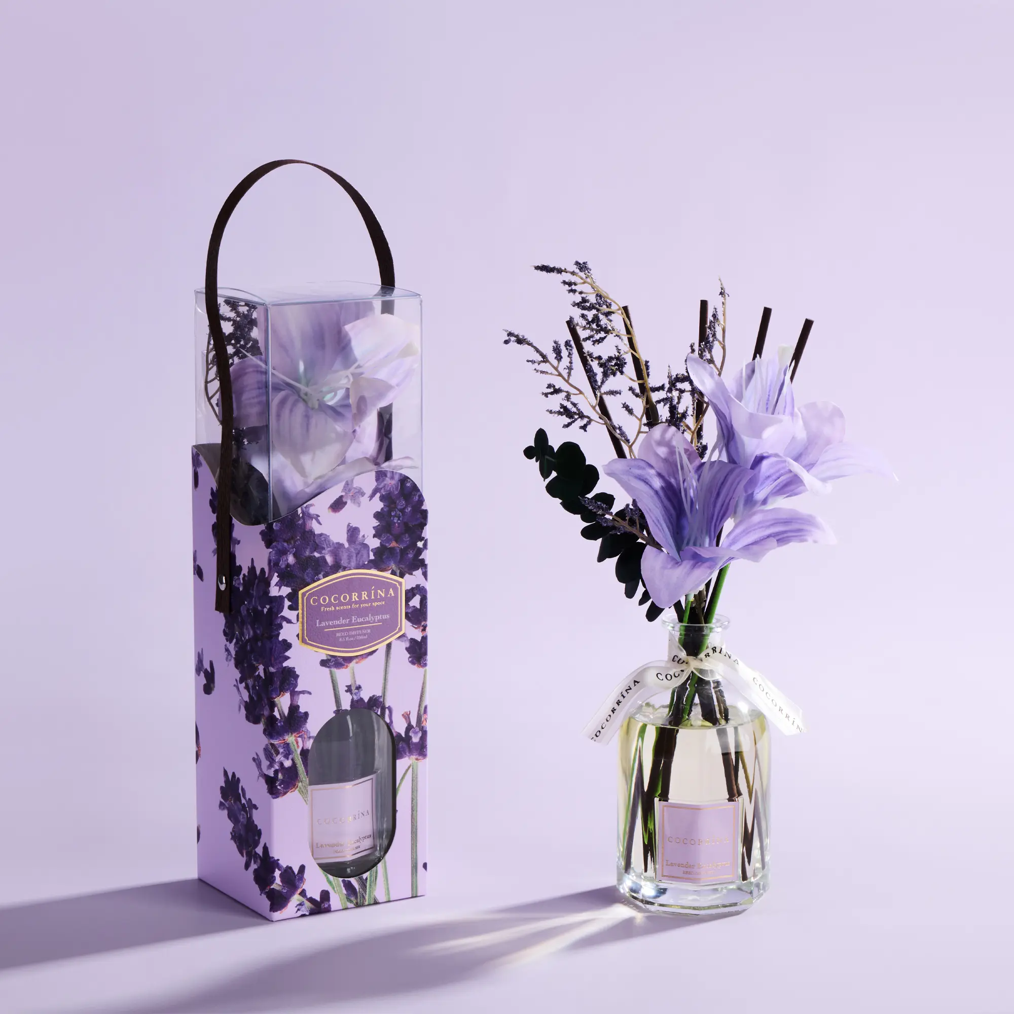 COCORRÍNA Lavender Eucalyptus Fragrance Oil Reed Diffuser (8.5 Fl.oz, Floral Basket Collection) with Sticks, Home Fragrance Gift for Bedroom, Bathroom Shelf Decor