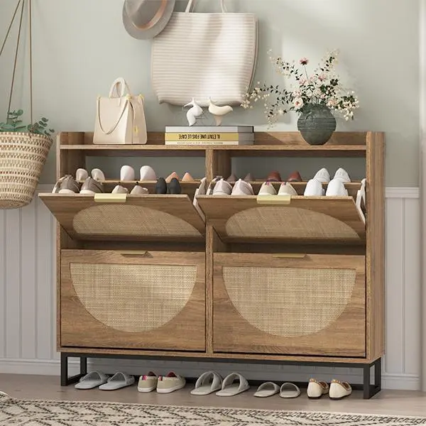 [tiktokshopbacktoschool] Vabches Large Rattan Shoe Storage Cabinet with Flip Drawers, Hidden Golden Handles, Adjustable Shelves - Freestanding Modern Shoe Organizer for Entryway, Rustic Oak Rattan Furniture for Garage