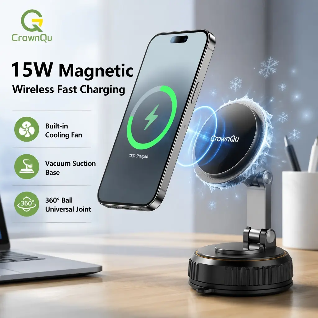 360° Rotatable Magnetic Car stand, Magnetic Wireless Charger-15W Fast Charging, Instant Cooling Fan, LED Light Magsafe Car Phone Holder Pad, Compatible with iPhone17/16/15/14/13/12 Series, Galaxy S25, Pixel 10, Magnetic Charger Cellphone Car Accessories