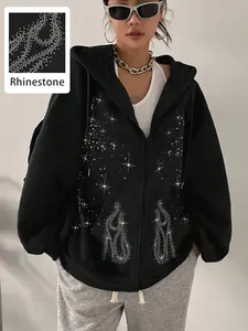 Women's Casual Hooded Zipper Pocket Sweatshirt, Hoodie Top, Rhinestone Embellished, Loose Fit, Spring & Fall Fashion, Comfortable Daily Wear