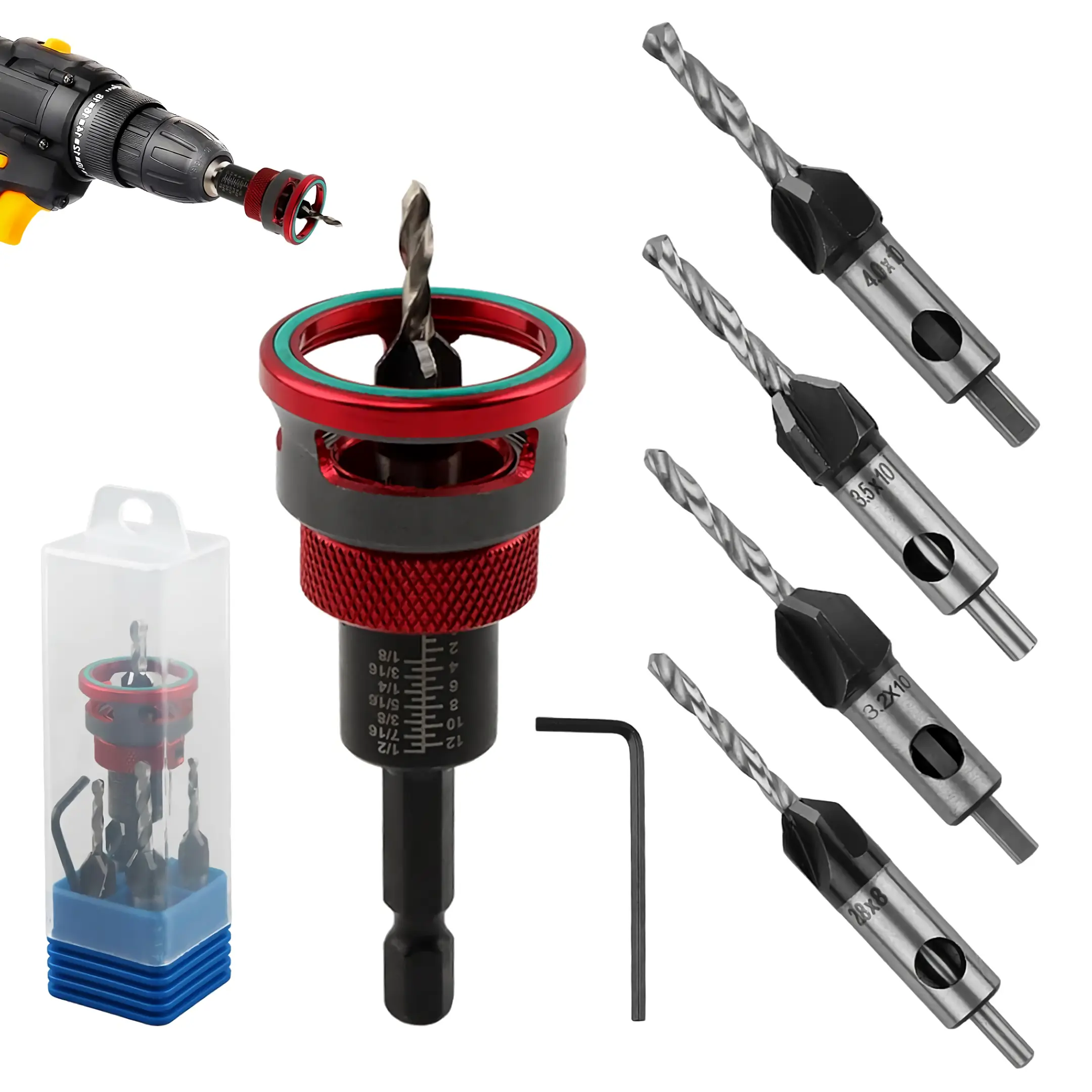 4 Piece HSS Countersink Drill Bit Set with Adjustable Depth Stop, 1/4" Hex Shank Woodworking Chamfer Bits for Carpentry, Wood Drill Bit with Non-Marring Bearing for Precision Depth Control
