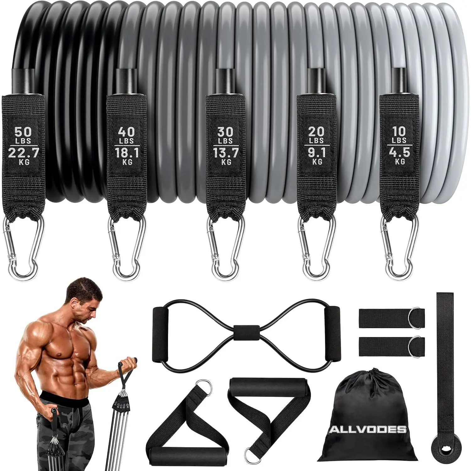 150-pound tension rope latex resistance with elastic belt chest training rubber tension rope Workout Bands Set Home Workout Equipment