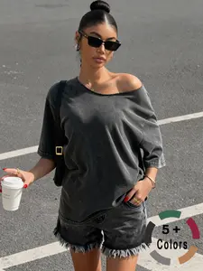 Women's Vintage Wash Asymmetrical Shoulder Sporty Streetwear Short Sleeve Basic Top, Summer Casual Loose Fit Shirt for Daily Commute, Leisure & Fitness