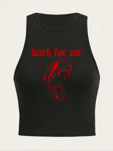 Women's Bark for Me Wolf Pattern Short Tank Top, Y2K Streetwear Street Style Sleeveless Gothic Shirt, Casual Letter Print Vest Womenswear, Fitted Sleeveless Top, Statement