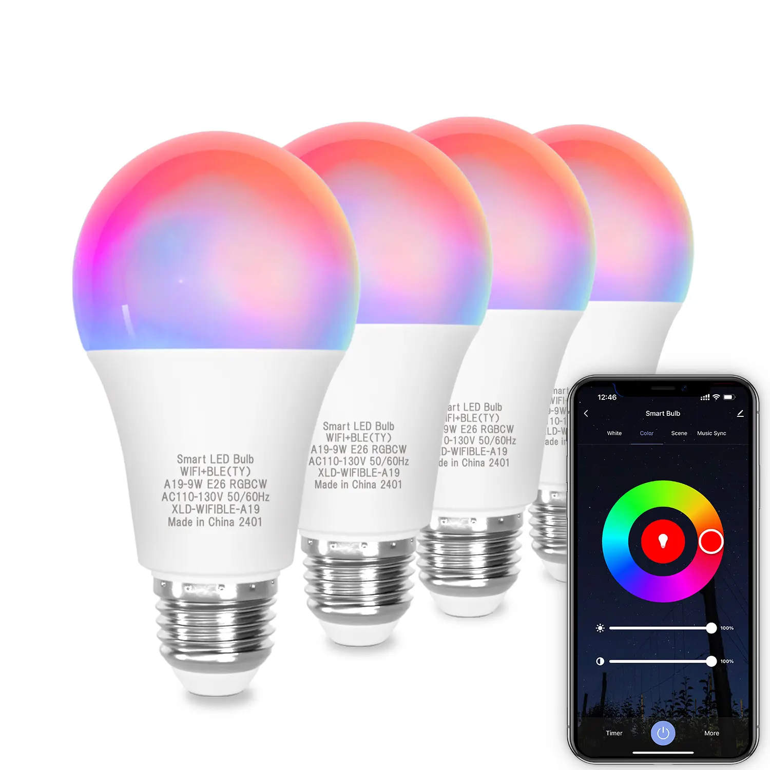 A19 E26 LED RGB Light Bulbs (2/4 Pack) - 2.4GHz WiFi & Bluetooth Connected, APP-Controlled Dimmable Mood Lighting, AC110-130V, Works with Alexa & Google Home, Automation Compatible, Modern Design, Indoor Use