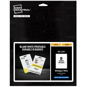 Avery Durable Tall  ID Badges for Lanyards, Laser Printable on Both Sides, Blank White, 80 Total, 3.375" x 2.125" (61612)