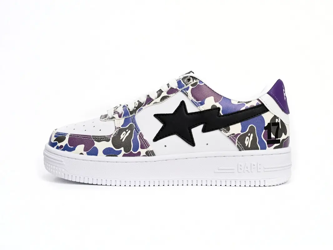 Retro Purple Camo Color Block Platform Shoes, Contrast Bold Black Star Side Logo Wear Resistant Non Slip Sole Couple Hip Hop Trendy Casual Skate Trainers