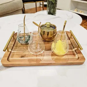 Mate Set of 3 Glass Cups with Golden Stainless Steel Sugar Pot on Wooden Tray for Elegant Service Featuring Stylish Design