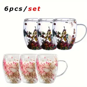 6/8/12 packs- 350ml Multi-Colored Dried Flower Double-Layered Borosilicate Glass Cup, Beautiful Insulated Coffee And Tea Cup With Handle, Perfect For Hot And Cold Drinks, Pink Starry Sky Decoration, Gift-Ready, Milk Chocolate Compatible