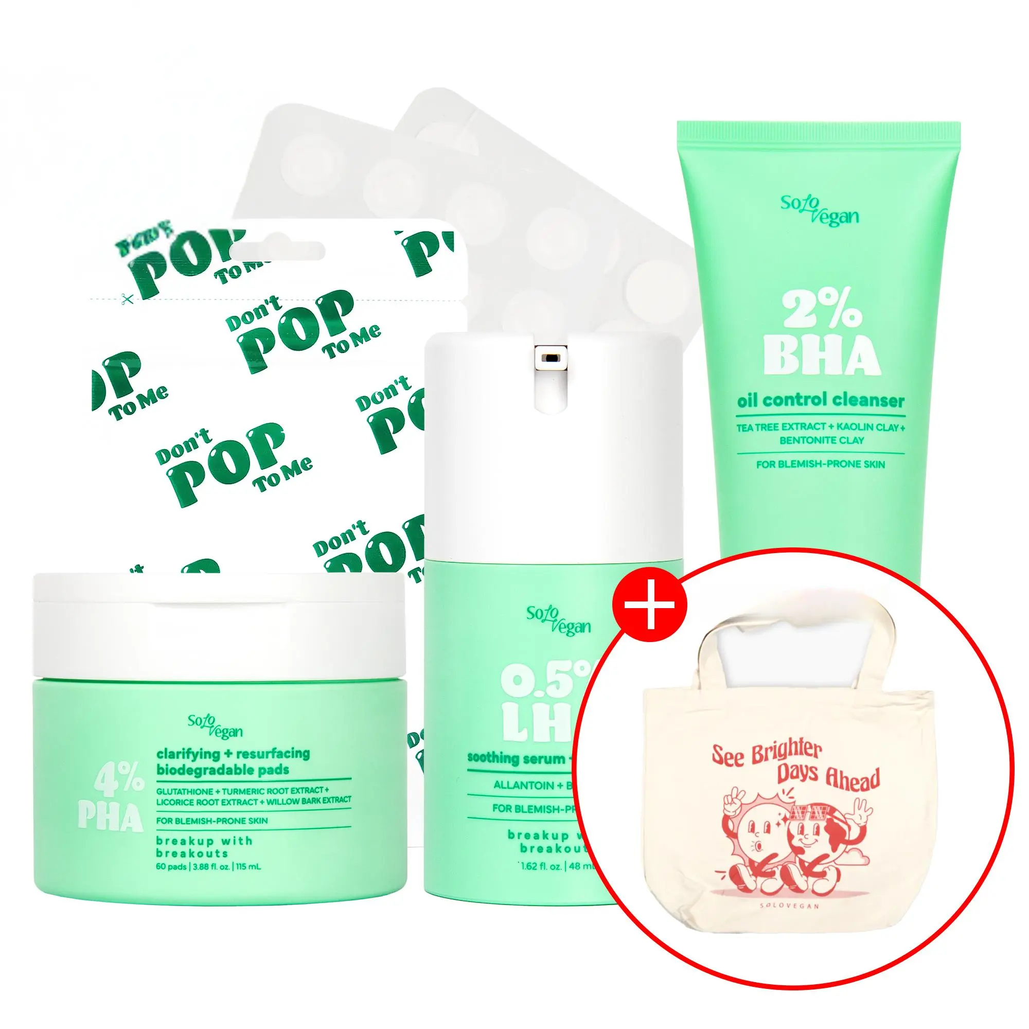 SoloVegan 4-Piece Korean Acne Treatment Skincare Multi-Pack - Gel Cleanser Set with AHA-LHA-PHA, Oil Control, Moisturizing Cream, 900g, Includes Cleanser, Toner Pads, Serum, 55 Patches, for Acne-Prone Dry & Sensitive, Normal Adults