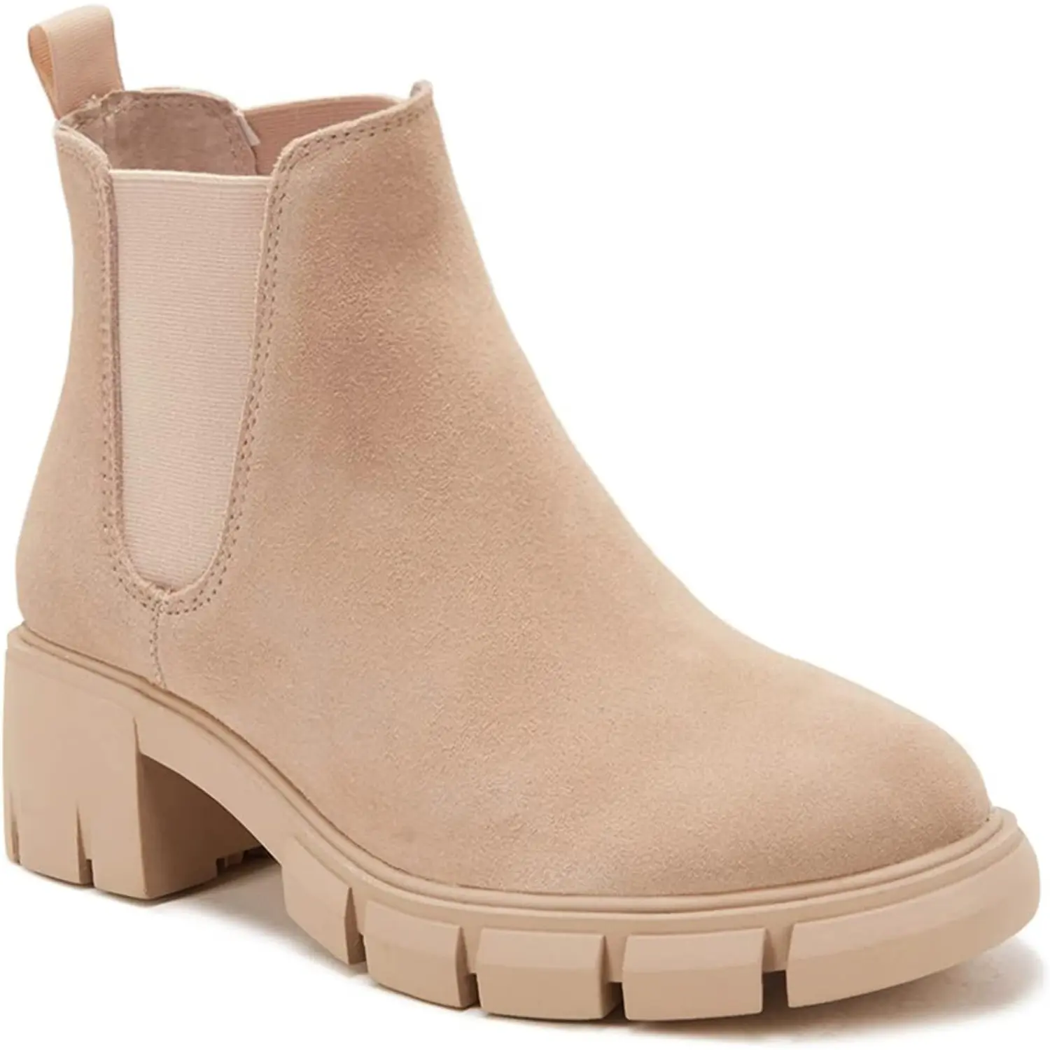 Coutgo Womens Lug Sole Platform Ankle Booties Chelsea Slip on Chunky Block Heel Leather Combat Boots