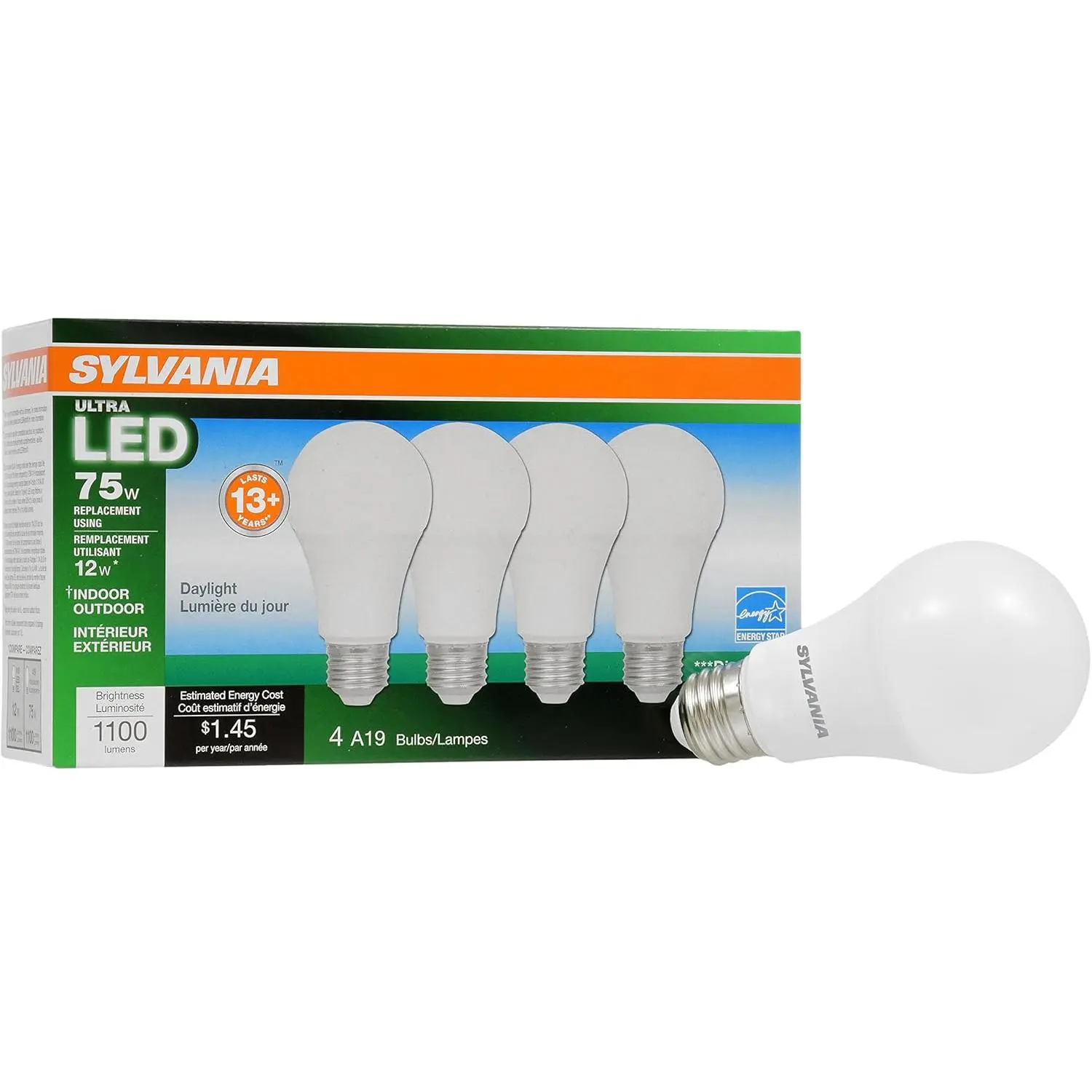 Sylvania A19 Ultra LED Light Bulb, 12W, 75W Equivalent, 13 Years, Dimmable, 1100 Lumens, 5000K, Daylight - 4 Pack (74429)