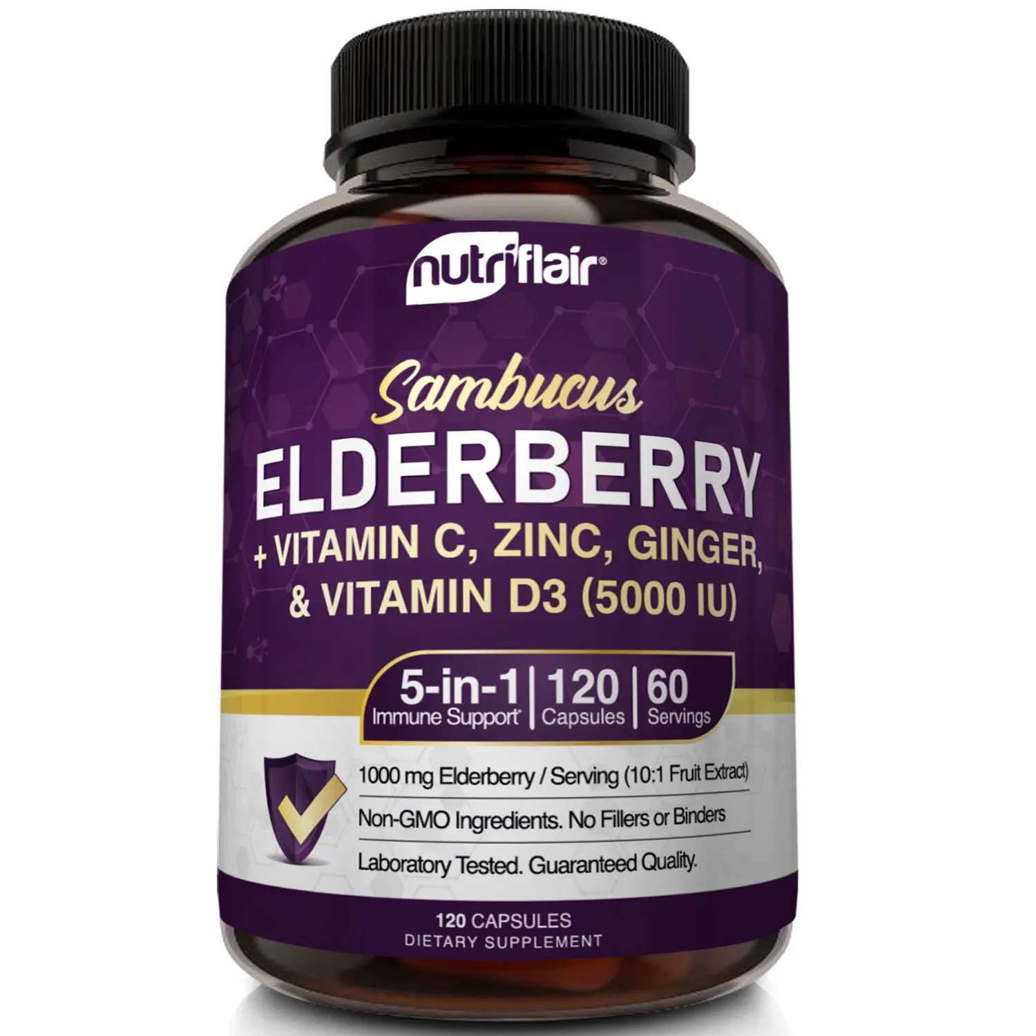 NutriFlair Immunity Vitamins Supplements - Natural Dietary Antioxidants Capsules with Elderberry, Zinc, Vitamin C & D3, Immune Health Support, Dairy-Free Vegan-Friendly, 120 Count