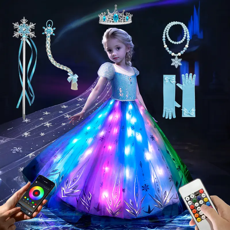 UPORPOR Princess Dress for Girls, Blue Glitter Light-Up Costume with Accessories, 100+ LED Modes & Music Sync for Halloween & Christmas Parties, Lights, Led Lights, Costume Ideas