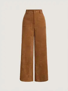 Women's Corduroy Straight-Leg Pants, Pure Color Casual Long Pants, Vintage Style Versatile Fit, High Waist Wide Leg Pockets, All Seasons, Casual Lounge Pants, Trouser