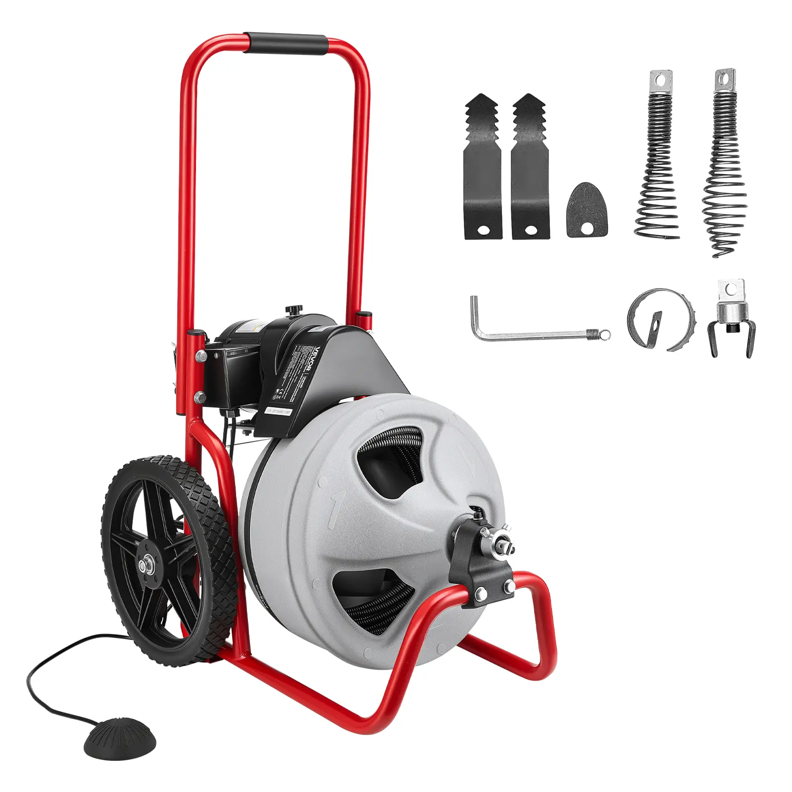 【summerfinds】VEVOR Drain Cleaner Machine 75 FT x 3/8 Inch, Sewer Snake Auger Manual Feed on Wheels, Portable Drain Cleaning Machine with 6 Cutters & Air-activated Foot Switch for 2" to 4" Pipes