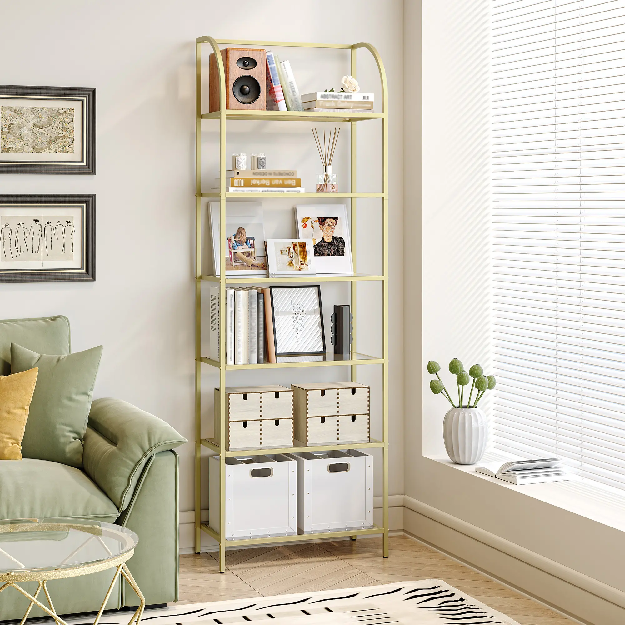 Hzuaneri Bookcase Bookshelf, Tempered Glass Arched Bookshelf for More Storage, Slim Shelving Unit for Bedroom, Bathroom, Home Office, Steel Frame
