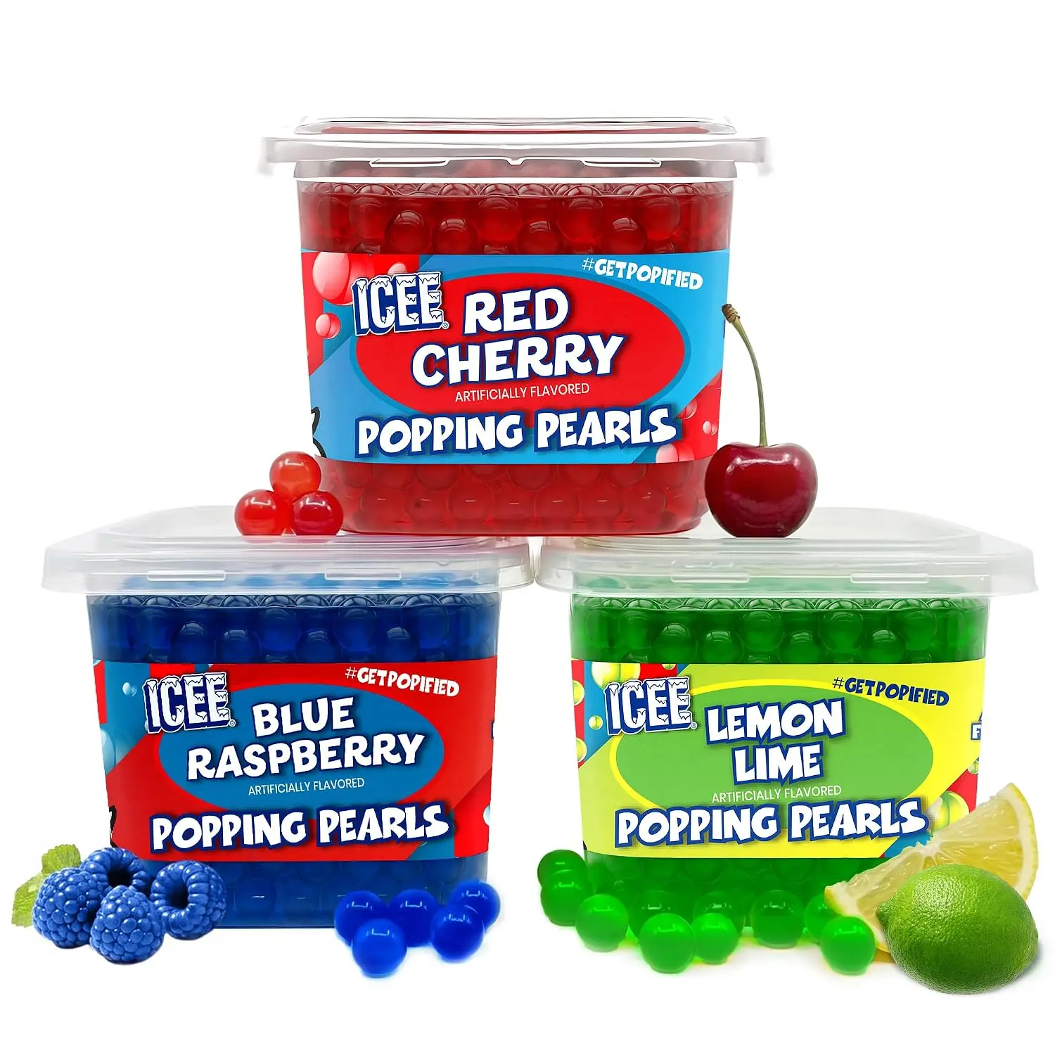 ICEE Popping Boba 3-Tubs Pack | ICEE Inspired Flavors | Red Cherry, Blue Raspberry & Lemon Lime | Fruit Popping Boba Pearls for Drinks, Slushies & Desserts | Bubble Tea Topping | Includes Boba Straws