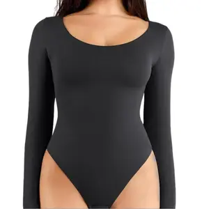 Popilush The Shapewear Bodysuit Seamless Scoop-Neck Long-Sleeve Bodysuits Comfortable Womenswear Black Fabric-Creator Live