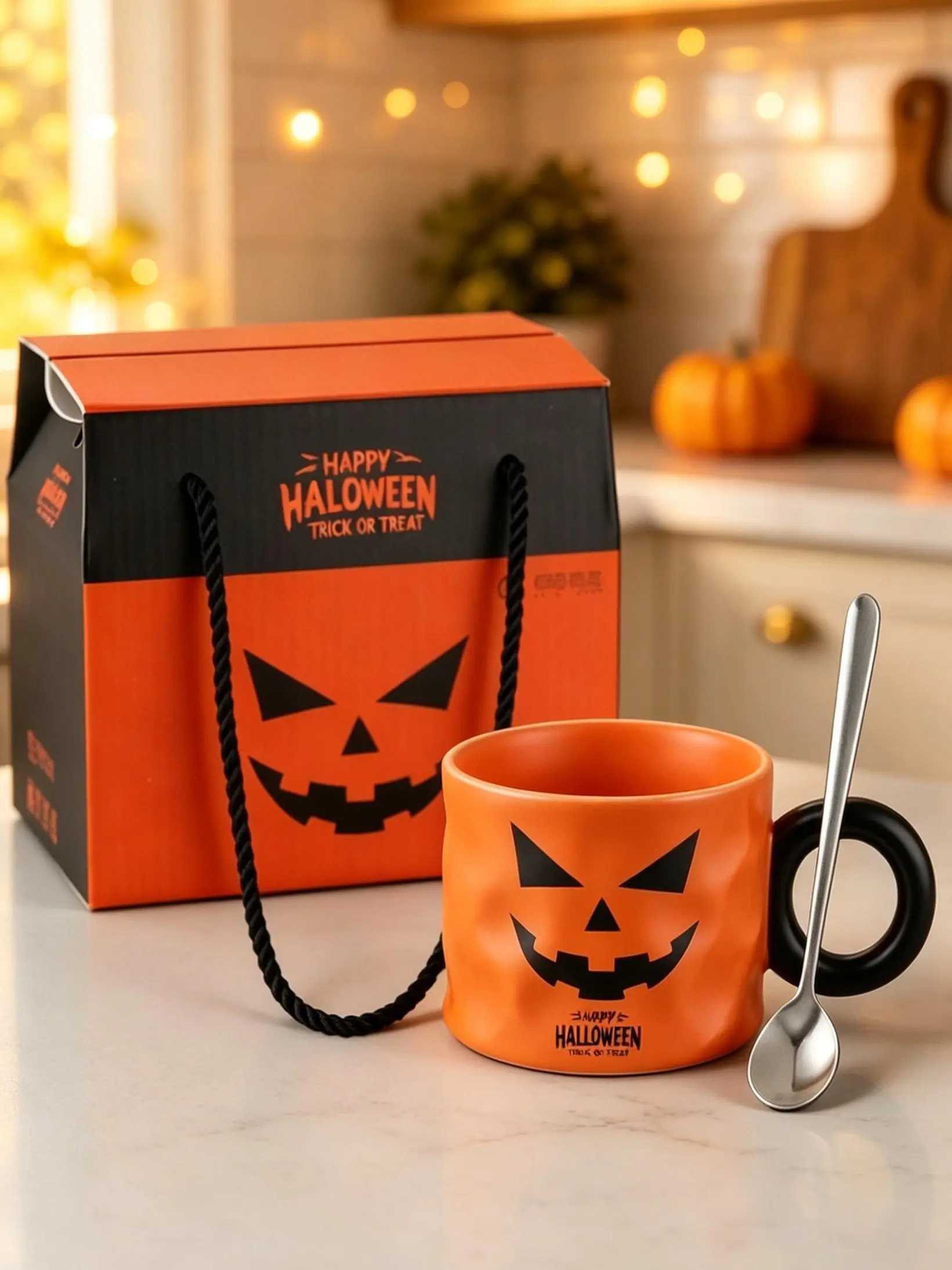 Halloween Pumpkin Face Ceramic Cup Set  jack-o Includes Stainless Steel Spoon, Premium Themed Gift Box, Seasonal Spooky Party Present, Fall Holiday Tabletop Decoration For Men Women  haunted pumpkin Mug Drinkware